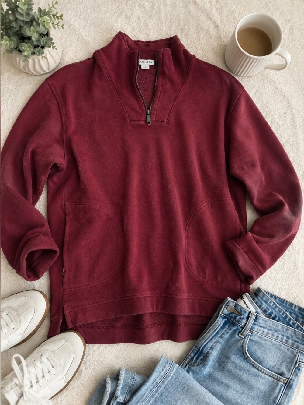 Athleta Burgundy Half Zip Pullover Sweatshirt | Cozy Oversized Lounge Top Size S